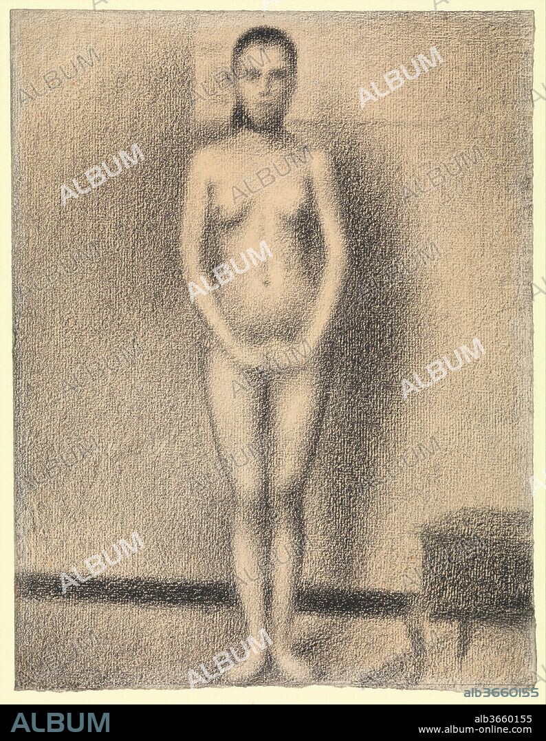Study for "Poseuses". Artist: Georges Seurat (French, Paris 1859-1891 Paris). Dimensions: 11 11/16 x 8 7/8 in.  (29.7 x 22.5 cm). Date: 1886-87.
This poetic drawing is evidence of Seurat's mastery of Conté crayon, a medium that allowed him to achieve rich velvety textures and softly blurred contours, for which he became well known. The stiff, almost awkward pose of the model clearly identifies the drawing as a preparatory study for a figure in Seurat's famous painting The Models, or Poseuses (Barnes Foundation, Philadelphia). Following Seurat's death, this framed drawing remained in the collection of his artist friend Maximilien Luce, who used it as a still-life element in a portrait of the famous art critic and collector Félix Féneon.