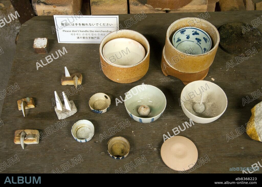 Japan: Kiln tests and other fragments, Gen-emon Kiln, Arita, Kyushu.<br/><br/>. Arita's Gen-emon kiln was first established in 1753 and has throughout its long history produced beautiful porcelain in the 'Old Imari' style.<br/><br/>. Imari ware is a Western term for a brightly-coloured style of Arita ware Japanese export porcelain made in the area of Arita, in the former Hizen Province, northwestern Kyushu. They were exported to Europe in large quantities, especially between the second half of the 17th century and the first half of the 18th century.
