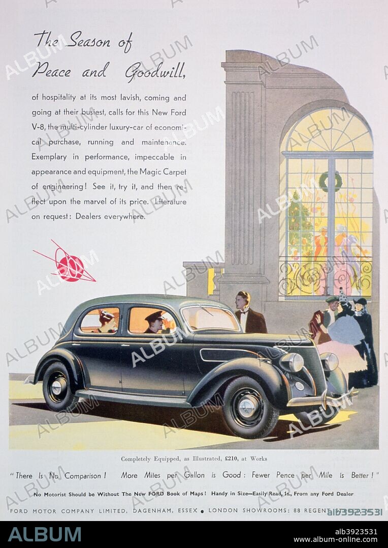 Advert for Ford motor cars, 1936. A print from The Sketch, Christmas, 1936.  Rights information: Cleared for Editorial Use Only. Please Contact Us For Any Other Clearance Rights.