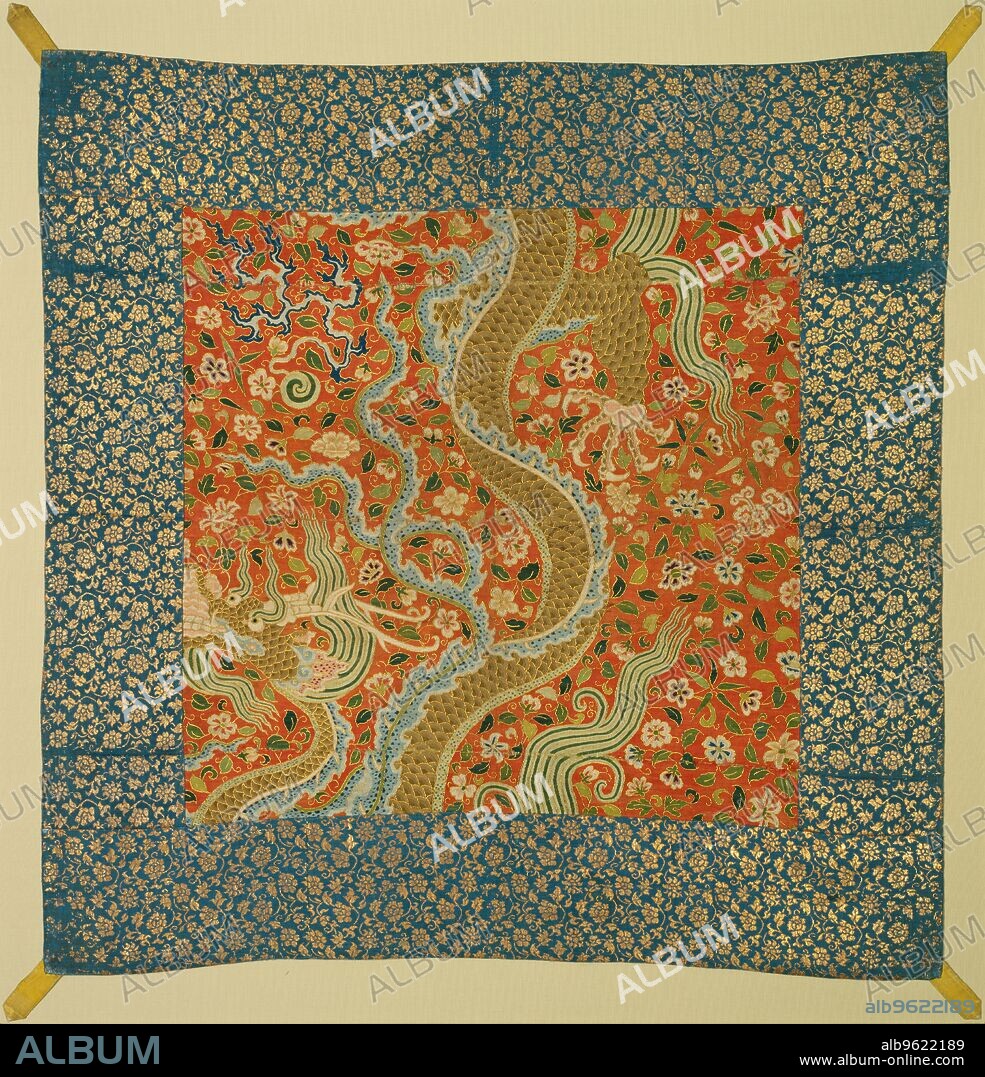 Canopy with Dragon Among Flowers, late 1100s. This rare silk tapestry in the center, from the Southern Song imperial workshop in Hangzhou, incorporates Central Asian and Chinese influence. The golden dragon on a ground of flowers is Central Asian, as are the dragon’s upturned snout, flaming mane, and antlers. The serpent-like treatment of the dragon’s body, however, is Chinese in style. The fineness of the silk threads, weaving, and flat gold thread gilded on both sides indicates imperial production. The tapestry was sewn at an unknown time to a later Ming dynasty border with tabs in the corners, probably to serve as a canopy.