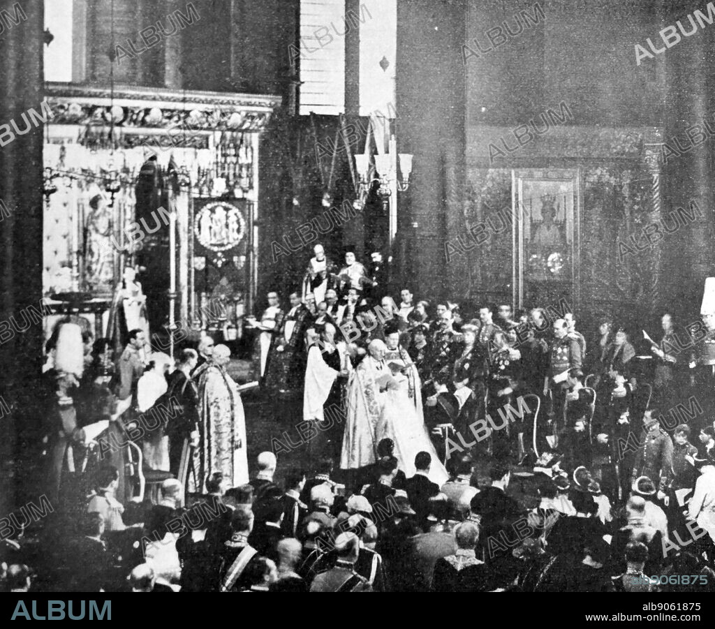 Black and white photo from inside Westminster Abbey during the marriage of Prince George, Duke of Kent (1902-1942) and Princess Marina of Greece (1906-1968); the marriage took place on 29 November 1934.