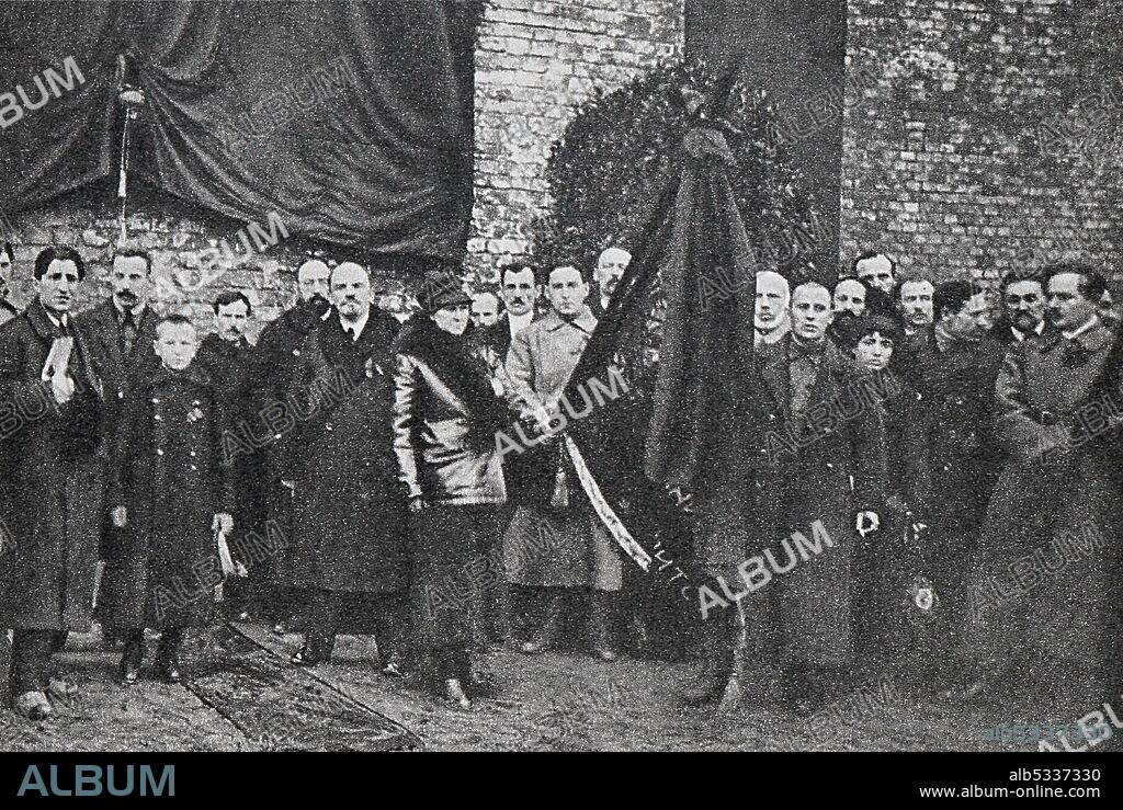 Vladimir Lenin on Red Square near the Kremlin wall before the opening of a memorial plaque erected in memory of the peoples who died for peace and brotherhood. Moscow. 1918.