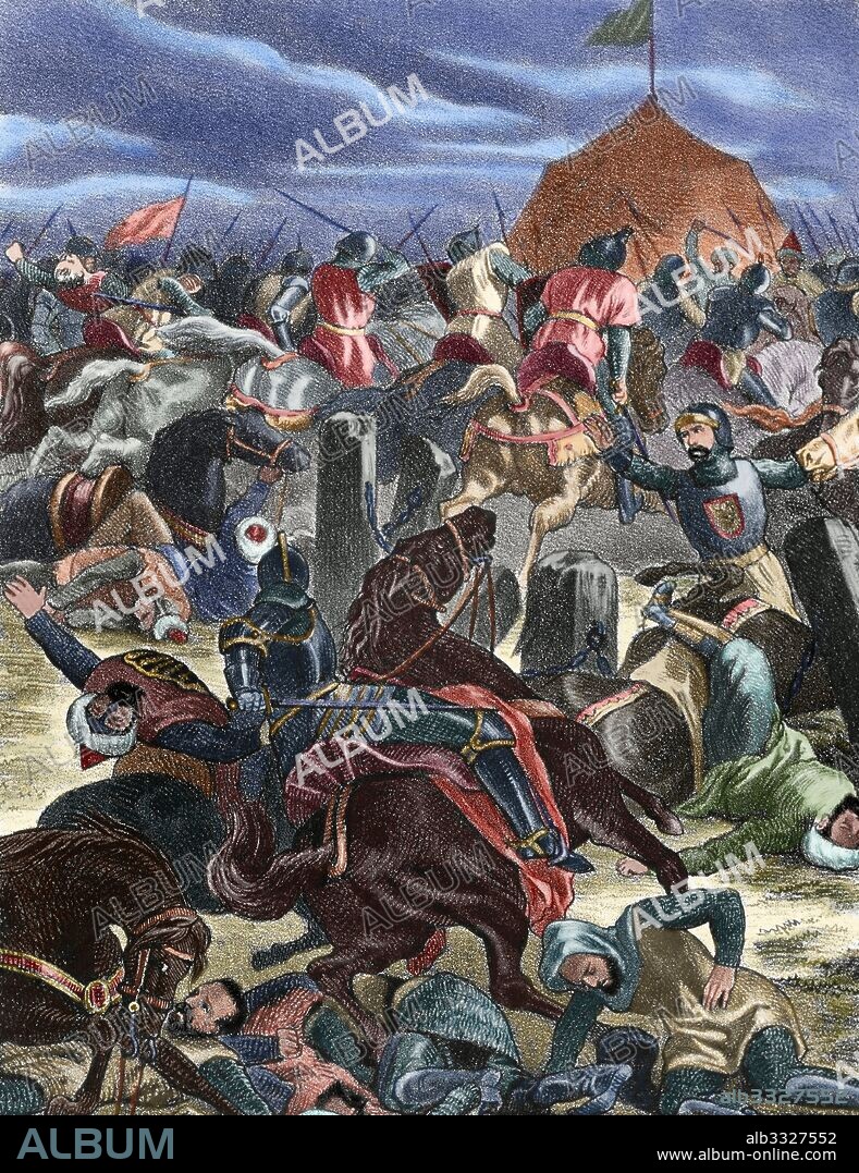 "BATALLA DE LAS NAVAS DE TOLOSA". Acaecida en 1212 entre los ejércitos cruzados de Castilla, Navarra y Aragón ayudados por las fuerzas del Papa Inocencio III y las huestes almohades mandadas por Al-Nasir. Señala la última fase de la Reconquista. Grabado de "Historia de España", del siglo XIX. Coloreado.