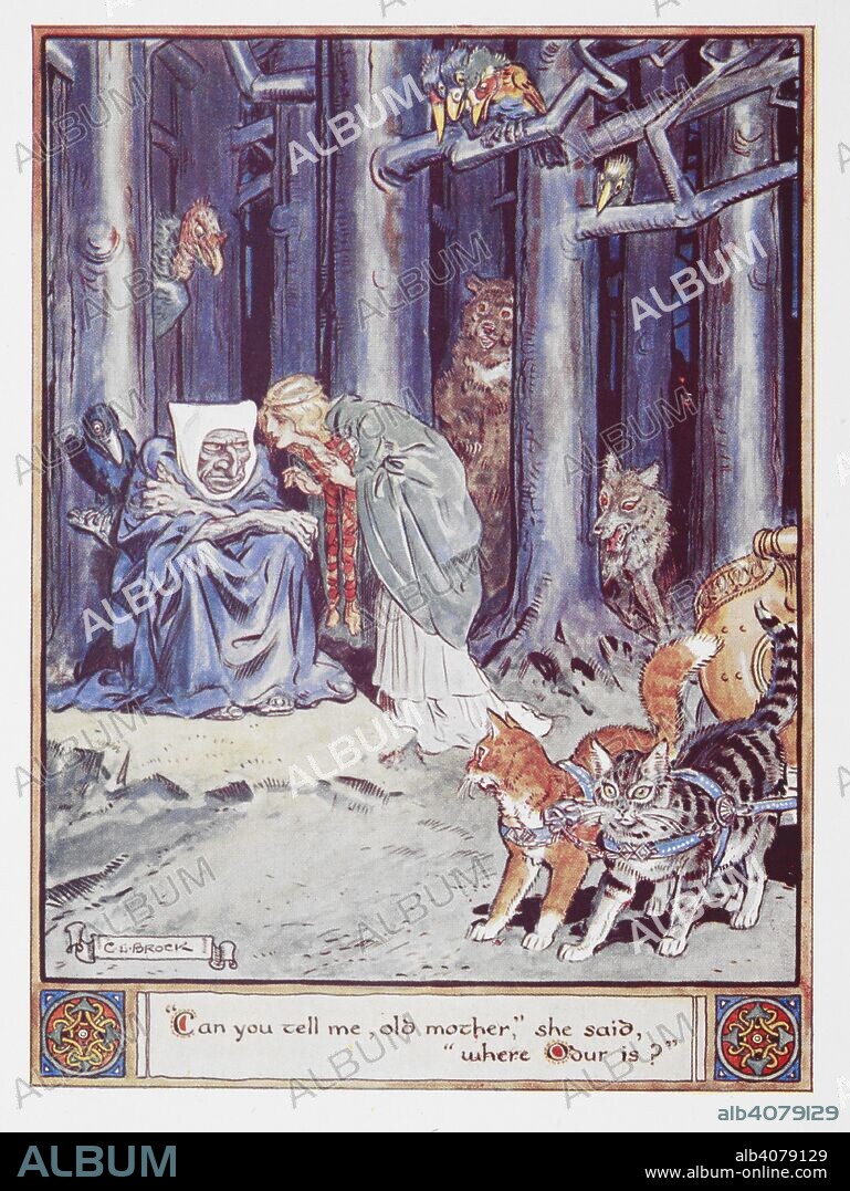 CHARLES EDMUND BROCK. "Can you tell me, old mother", she said, "where Odur is?". Two cats pull the chariot of the Norwegian Goddess Freya . The Heroes of Asgard ... London : Macmillan & Co., 1930. Source: 012403.g.7. Language: English.