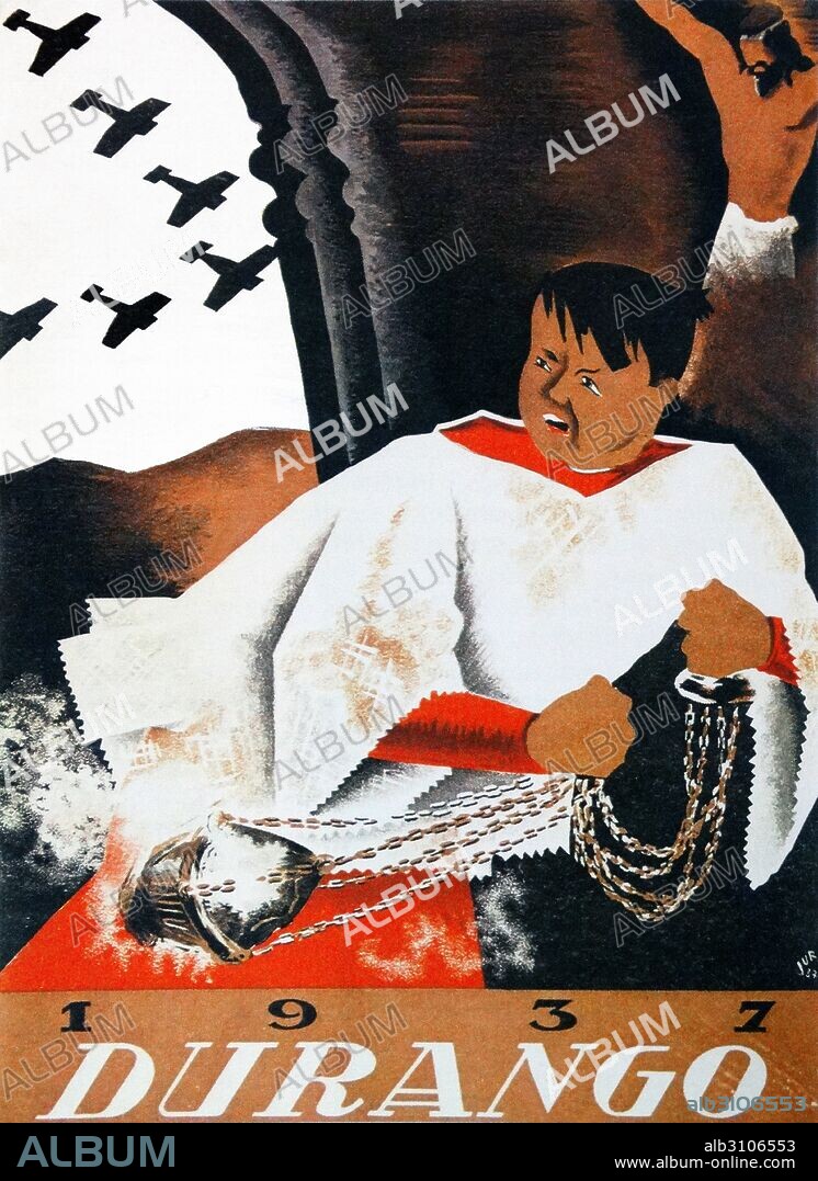Republican propaganda poster showing a church altar boy terrified at the impending Bombing of Durango in Spain, on 31 March 1937, during the Spanish Civil War. the Condor Legion and the Aviazione Legionaria bombed the town of Durango. Around 250 civilians died, among them one priest and fourteen nuns. Durango was the first defenceless European city bombed during the Spanish Civil War.