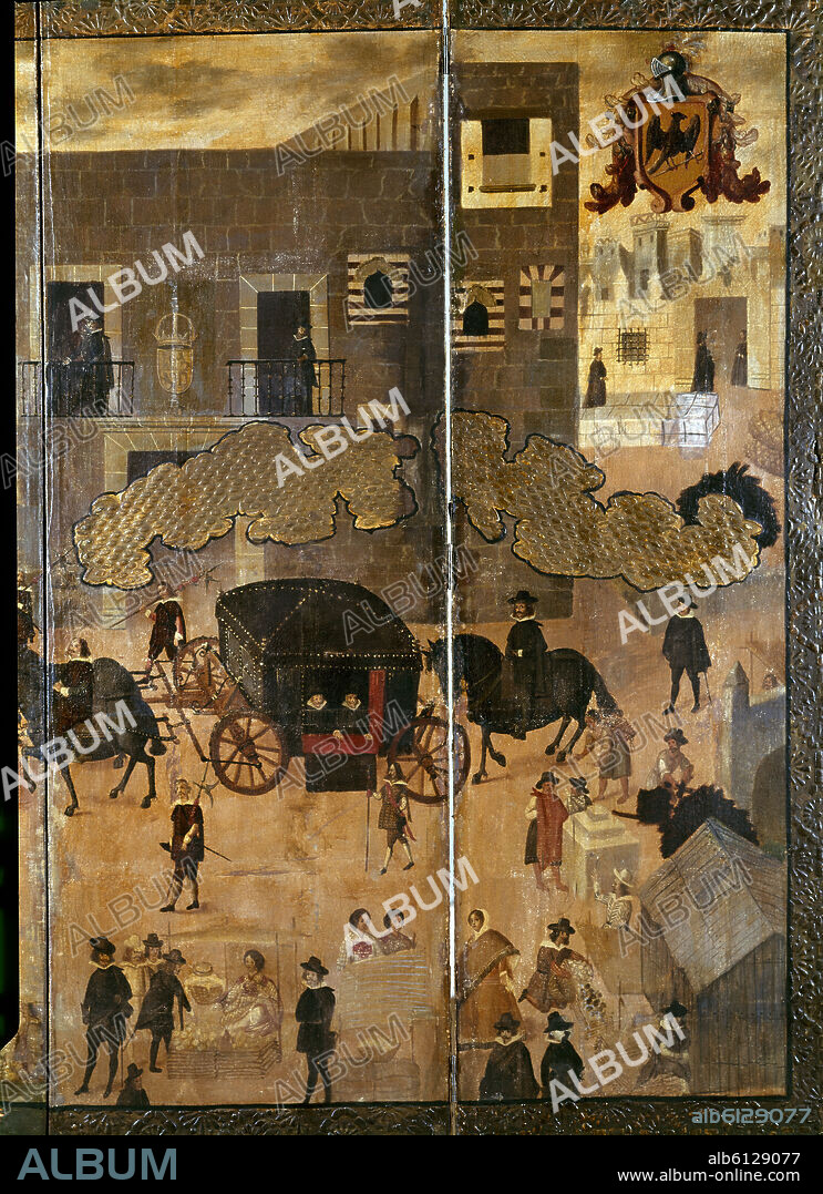 EL PALACIO DE LOS VIRREYES - BIOMBO MEXICANO - SIGLO XVII - DETALLE LATERAL IZQUIERDO - CONJ Nº 87022.