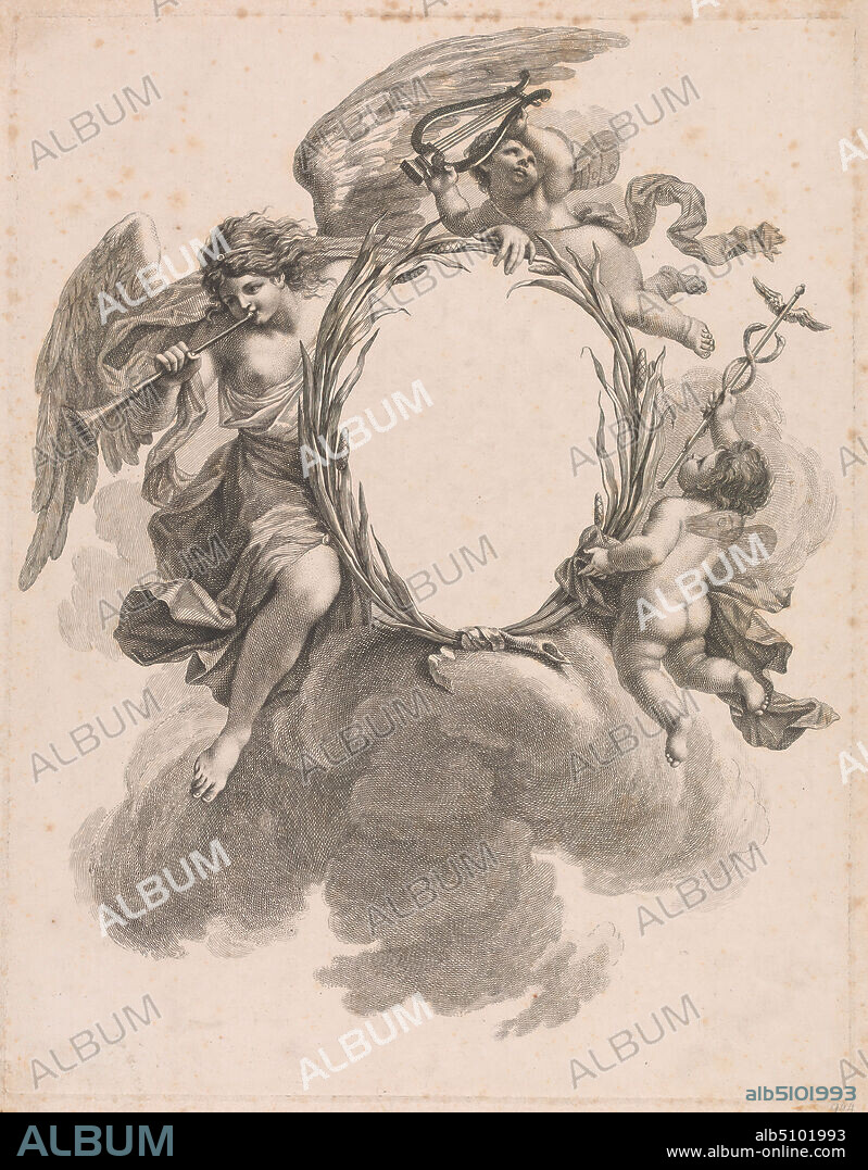 Vignette with Putti carrying Hermes Staff and Lyre and Angel blowing Trumpet, Three Muses, Francesco Bartolozzi RA, 17281815, Italian, active in Britain (176499), after unknown artist, undated, Engraving.