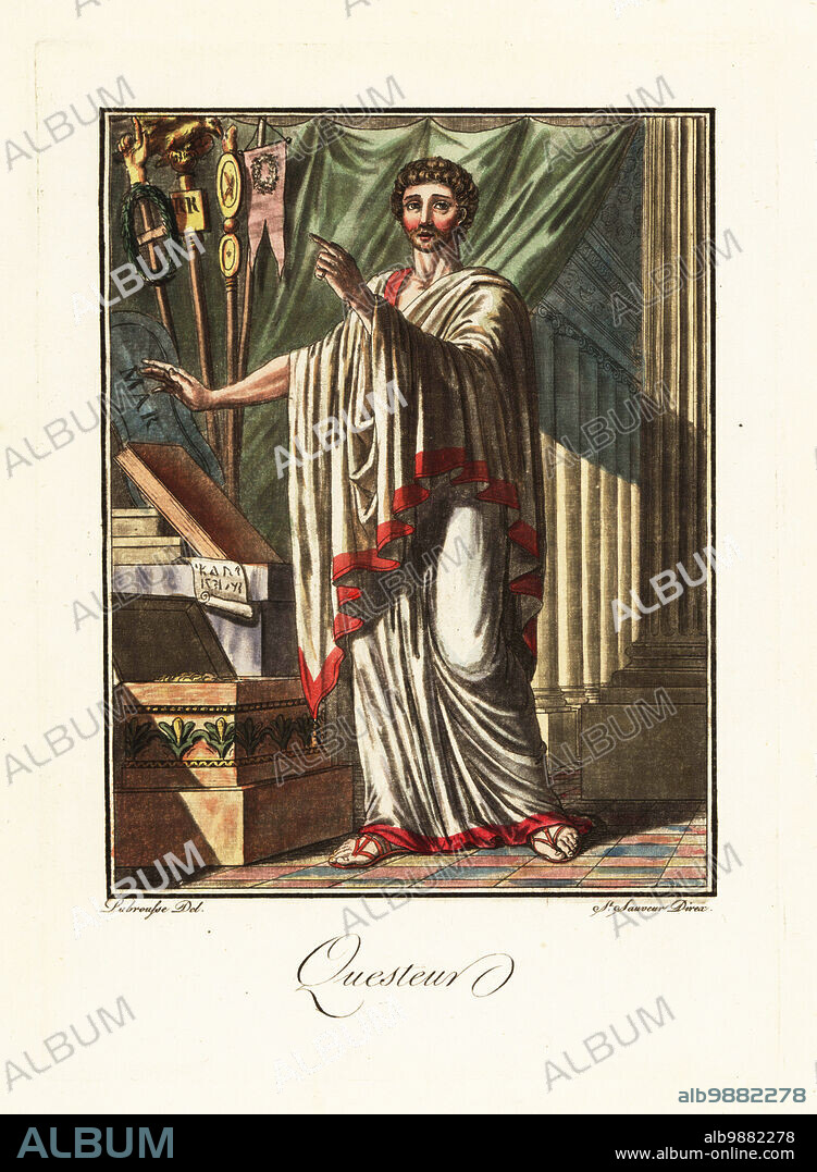 Costume of a quaestor or treasury official, ancient Rome. In toga, tunic and sandals, in a room with military shield or ancilia, signum, aquila or eagle standard, and other treasures. Questeur. Handcoloured copperplate drawn and engraved by L. Labrousse, artist of Bordeaux, under the direction of Jacques Grasset de Saint-Sauveur from his Lantique Rome, ou description historique et pittoresque, Ancient Rome, or historical and picturesque description, Chez Deroy, Paris, 1796.