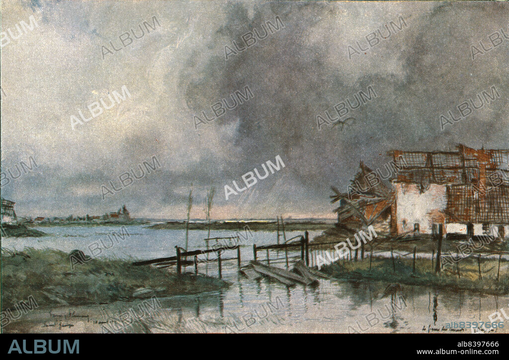 FRANçOIS FLAMENG. 'En Belgique; les inondations devant Saint-Georges', c1915. From "Collection de la Guerre IV. L'Illustration Tome CXLVII. La Guerre Janvier, Fevrier, Mars, Avril, Mai, Juin 1916".