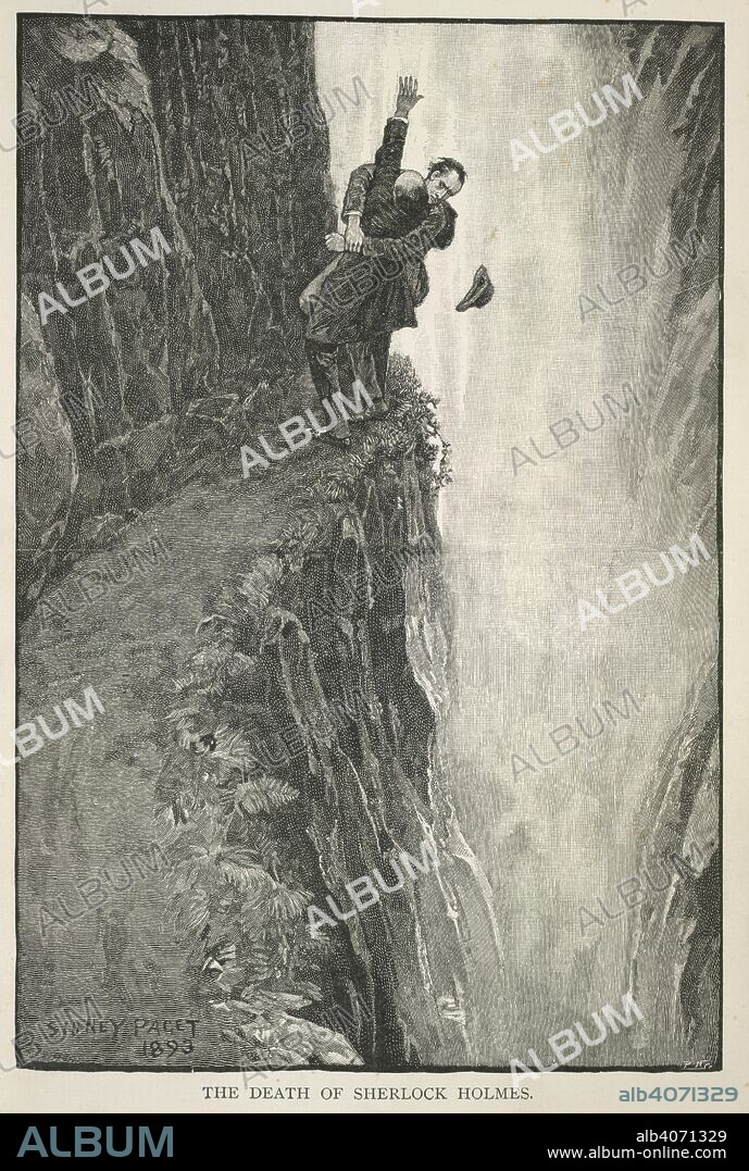 ARTHUR CONAN DOYLE and SYDNEY PAGET. 'The death of Sherlock Holmes.' Sherlock Holmes fighting with Professor Moriarty at the Reichenbach Falls in May 1891, where he supposedly fell to his death. ' Illustration for the story, 'the final problem'. The Memoirs of Sherlock Holmes.. G. Newnes: London, 1894 [1893]. Source: 012634.m.16, frontispiece. Language: English.