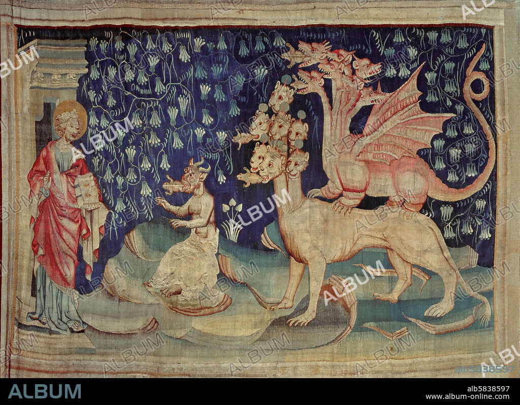 NICOLAS BATAILLE. Apocalypse d'Angers,1373-1387, a series of tapestries woben for Louis I.,Duke of Anjou. Dragons vomiting frogs (Revelations 16: 13-14) .