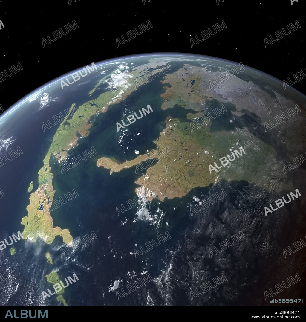 This is how the Western Interior Seaway may have appeared 75 million years ago from Earth orbit. This large inland sea once divided the North American continent into two landmasses, Laramidia to the west and Appalachia to the east. Branching toward the northeast is the Hudson Seaway and to the north on the horizon are the liquid polar waters of the Labrador Seaway.. . At less than one-fifth the size of present day North America, the island continent of Laramidia extended from present-day Mexico to Alaska and was home to tyrannosaurs, dromaeosaurids, troodontids, hadrosaurs, ceratopsians, pachycephalosaurs, and titanosaur sauropods.. . The dinosaurs of Appalachia are less-understood as much of the fossil evidence was destroyed by the glaciers that alternately descended from the north and retreated starting 2.5 million years ago.