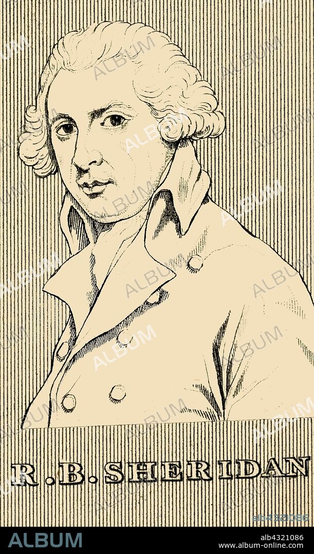 'R. B. Sheridan', (1751-1816), 1830. Richard Brinsley Sheridan (1751-1816) Irish satirist, playwright, poet, and long-term owner of the London Theatre Royal, Drury Lane, educated at  Harrow School,  Whig MP  in the House of Commons, he fought two duels with Captain Thomas Mathews for the honour of Elizabeth Ann Linley. From "Biographical Illustrations", by Alfred Howard. [Thomas Tegg, R. Griffin and Co., J. Cumming, London, Glasgow and Dublin, 1830].