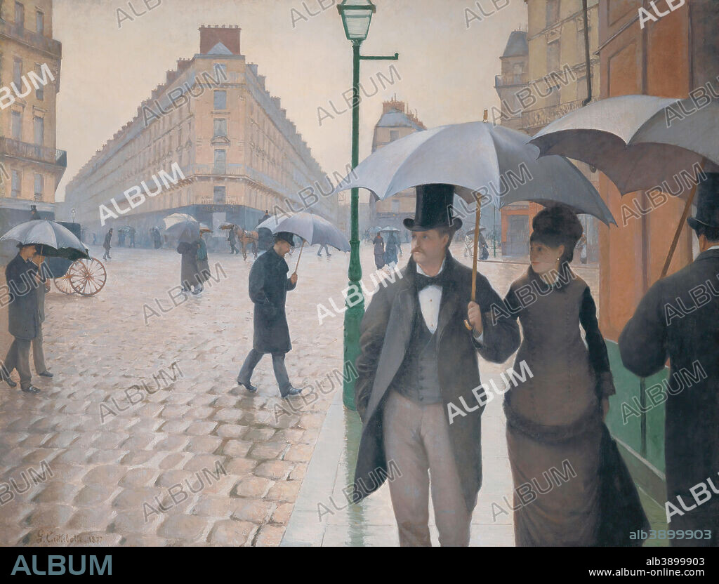 GUSTAVE CAILLEBOTTE. Rue de Paris, temps de pluie / Paris Street in Rainy Weather. Date/Period: 1877. Painting. Oil on canvas Oil on canvas. Height: 2,122 mm (83.54 in); Width: 2,762 mm (108.74 in).