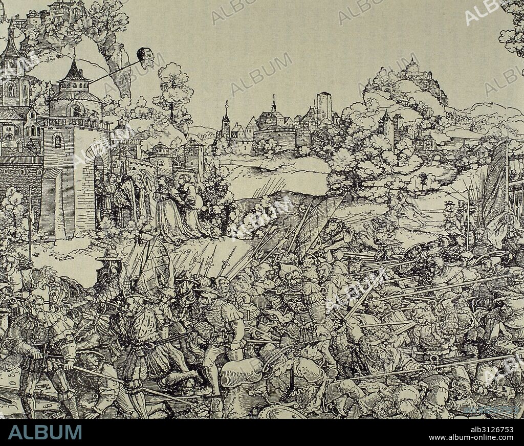 German Peasants' War (1524-1525). Popular revolt in the German-speaking areas of Central Europe because of the increase of the power of the princes and the worsening of the peasants living conditions. Engraving by Hems Schenselin.