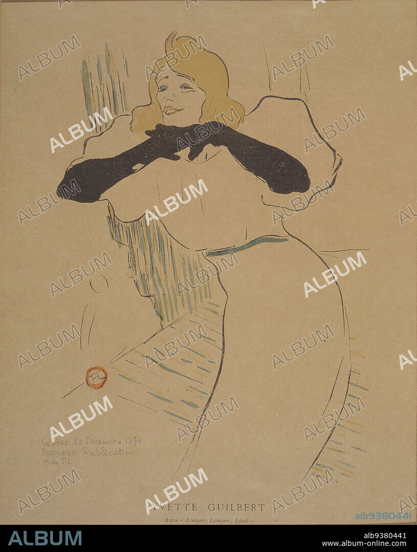 Yvette Guilbert, from La Rire, Henri de Toulouse-Lautrec, French, 1864-1901, Photo-lithograph on newsprint, December 22, 1894, 6 3/8 x 9 1/8 in., 16.2 x 23.2 cm, Caricature, Dress, France, French, Gloves, ndd10, Portrait, Woman.