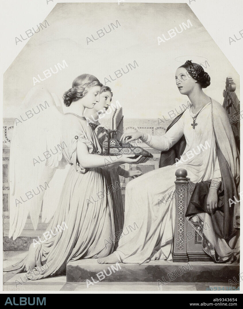 Photoreproduction of a painting of Saint Cecilia with angels by Paul Delaroche, Sainte Cécile (title on object), Robert Jefferson Bingham (mentioned on object), after: Paul Delaroche (mentioned on object), Paris, c. 1853 - in or before 1858, paper, albumen print, engraving, height 227 mm × width 186 mmheight 311 mm × width 252 mm.
