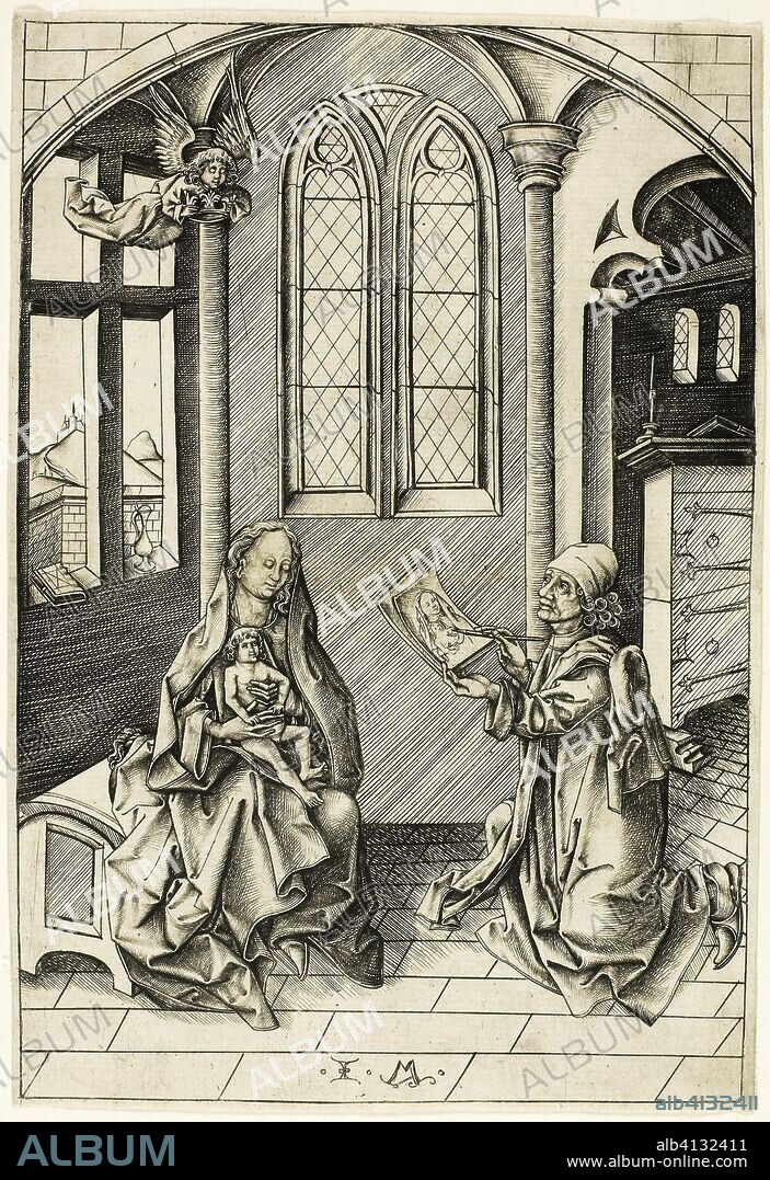 St. Luke Portraying the Madonna. Israhel van Meckenem; German, c. 1440/45-1503. Date: 1490-1501. Dimensions: 208 x 140 mm (image/plate); 210 x 144 mm (sheet). Engraving printed in black, on ivory laid paper. Origin: Germany.