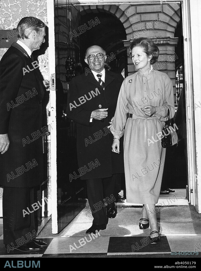 Margaret Thatcher (1925-), British Prime Minister and Menachem Begin (1913-1992), Israeli Prime Minister, entering No 10 Downing Street, London, 1981.