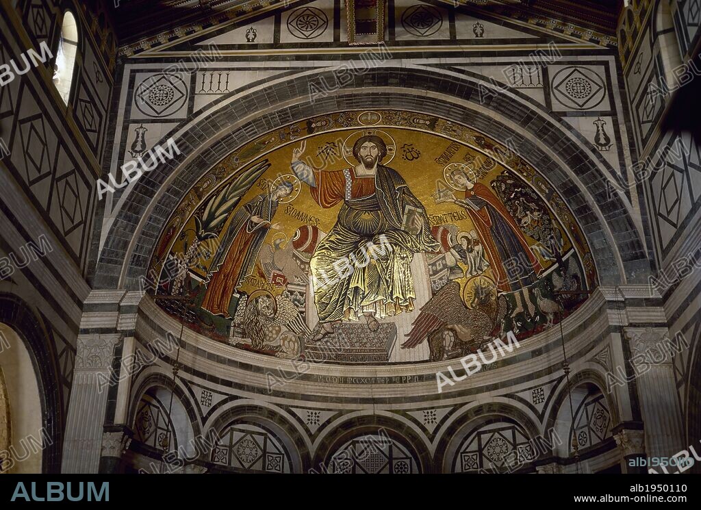 Italy. Basilica of Saint Minias on the Mountain. Byzantine apse mosaic depicting Christ with the Virgin and Saint Minias. 13th century. Florence.