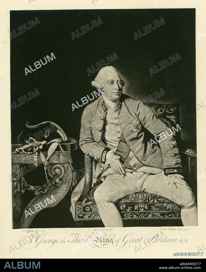 George III, King of England (1738-1820). 
Phototype from "Allgemeines Historisches Porträtwerk" (historical portraits), a collection of 600 portraits of the most famous persons of all cultures and origis since 1300. Volume one: dukes and popes. Munich, 1884. Verlagsanstalt fuer Kunst und Wissenschaft, vormals Friedrich Bruckmann.