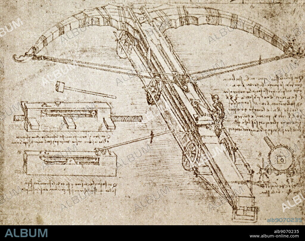 Ballista or giant crossbow, drawing by Leonardo Da Vinci. 1485. Leonardo da Vinci (April 1452 - May 1519), an Italian polymath of the Renaissance.