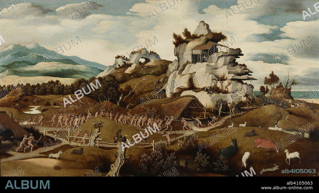 JAN JANSZ MOSTAERT. Landscape with an Episode from the Conquest of America. Dating: c. 1535. Place: Haarlem. Measurements: h 86.5 cm × w 152.5 cm.