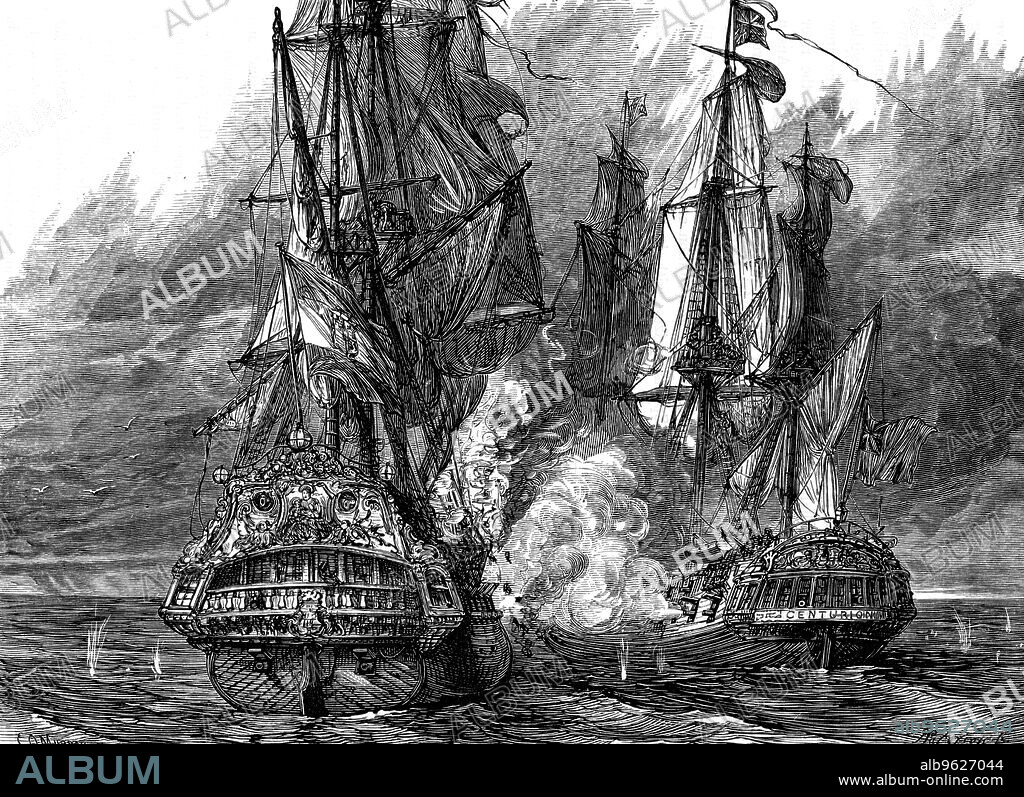 Admiral  Anson in the 'Centurion' taking a Spanish galleon off the Philippines, 1743 (c1895). Admiral George Anson (1697-1762) commanded a Royal Navy squadron of 6 ships sent to attack Spanish interests in South America at the outset of the War of Austrian Succession in September 1740. The expedition failed to achieve its military objective, 5 of the ships were lost and many of the crews succumbed to shipwreck and scurvy. Anson and the survivors aboard the remaining ship, the 'Centurion', crossed the Pacific and on 20 June 1743, captured a rich prize, the Spanish galleon 'Nostra Signora de Cabadonga'. Anson and his crew eventually arrived back in England in June 1744, having circumnavigated the globe.