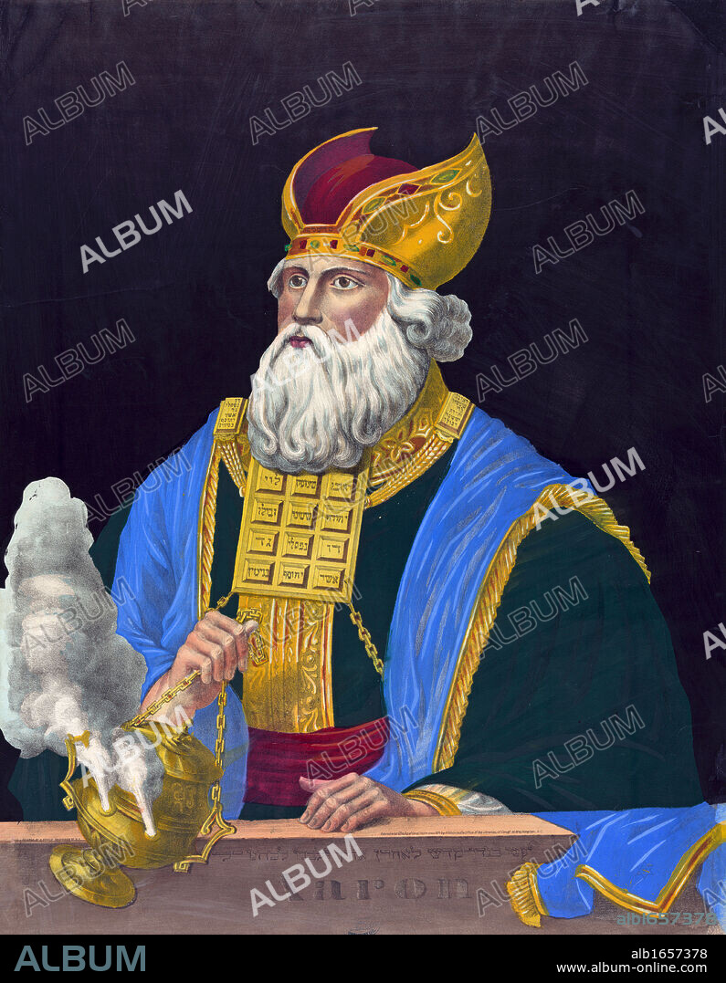 Aaron, brother of Moses and first High Priest of the Israelites.  Half-length 'portrait' looking to left of Aaron in priest's robes and holding incense censer Religion Judaism Jewish Sacred Text Exodus. Hand-coloured lithograph, c1874.