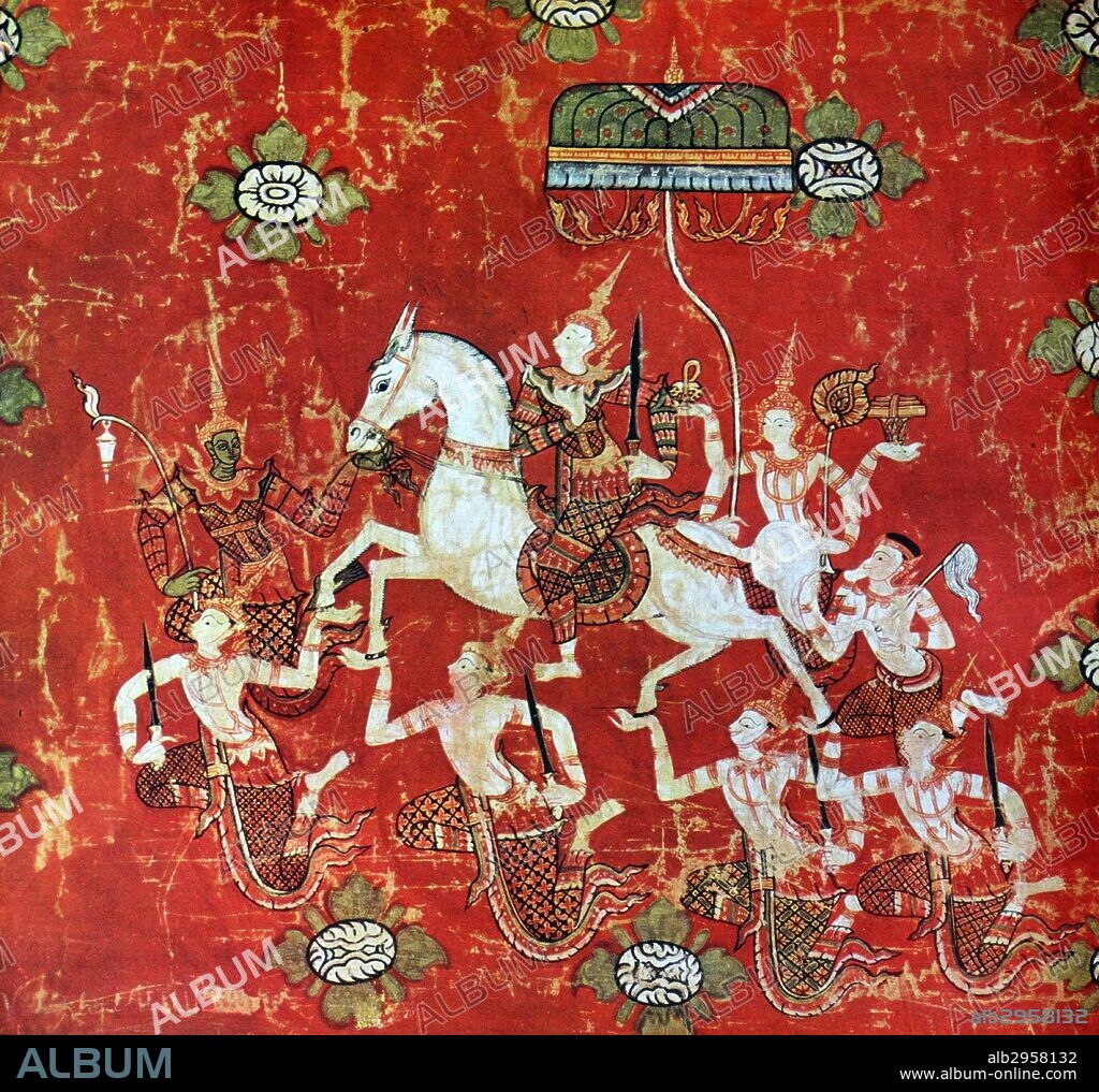 The Great Departure of Bodhisattva, detail from Episodes from the Life of Buddha, Thai painting on silk panel, 17th–18th century; in the Musée Guimet, Paris.