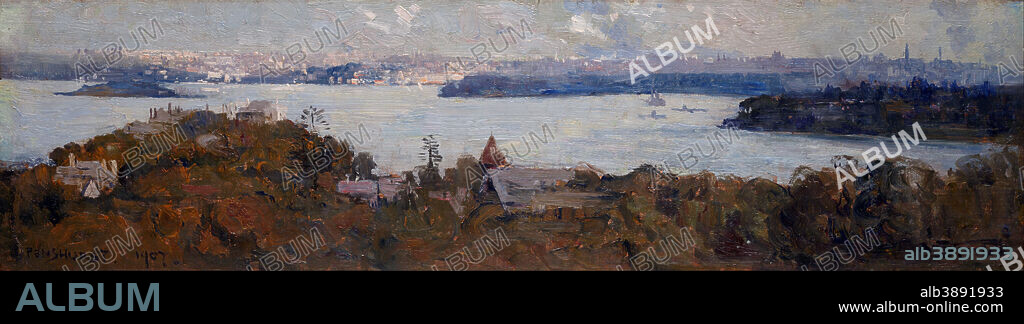 ARTHUR STREETON. Sydney Harbour from Penshurst (Cremorne). Date/Period: 1907. Painting. Oil on wood. Height: 380 mm (14.96 in); Width: 870 mm (34.25 in).