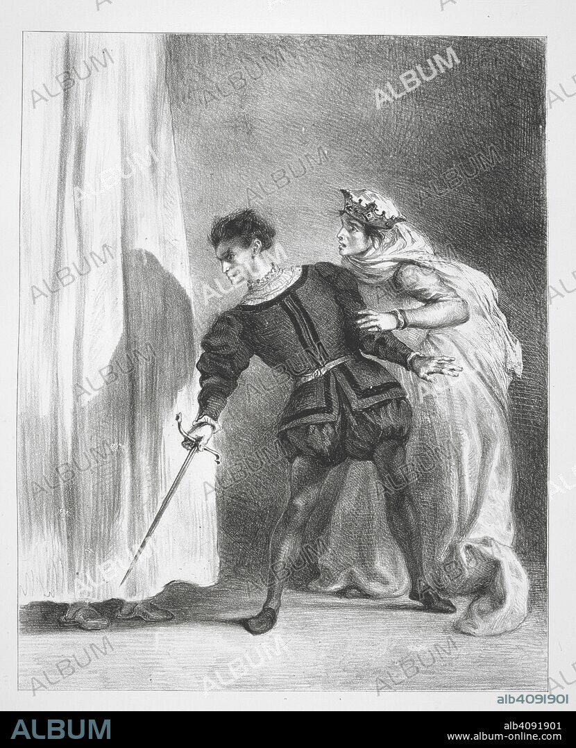 WILLIAM SHAKESPEARE et EUGENE DELACROIX. Act III, scene iv. The murder of Polonius. Hamlet. Seize sujets dessineÌs et lithographieÌs par EugeÌ€ne Delacroix. [Reproductions of Drawings, Paintings, etc. by Delacroix.]. Paris, 1864. Source: 1872.c.28 plate 10.