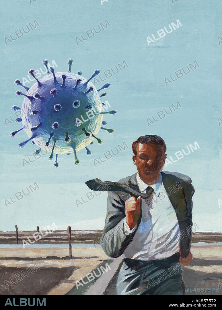 Businessman running away from coronavirus in parody of movie North by Northwest.