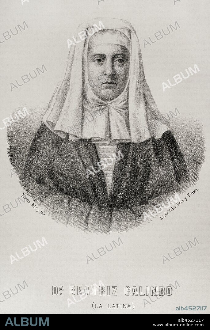 Beatriz Galindo, llamada "la Latina" (1465-1535). Escritora y humanista española, maestra de latín y gramática de la reina Isabel la Católica y preceptora de sus hijos. Dibujo por Llanta. Litografía. Crónica General de España, Historia Ilustrada y Descriptiva de sus Provincias. Tomo Asturias y León, 1867. Biblioteca Histórico Militar de Barcelona, Cataluña, España.