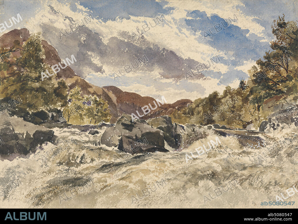 A Mountain Torrent, William James Muller, 18121845, British, undated, Watercolor and gouache on thick, rough, cream wove paper, Image: 10 5/8 x 15 1/8 inches (27 x 38.4 cm), landscape, mountains, movement, torrent.