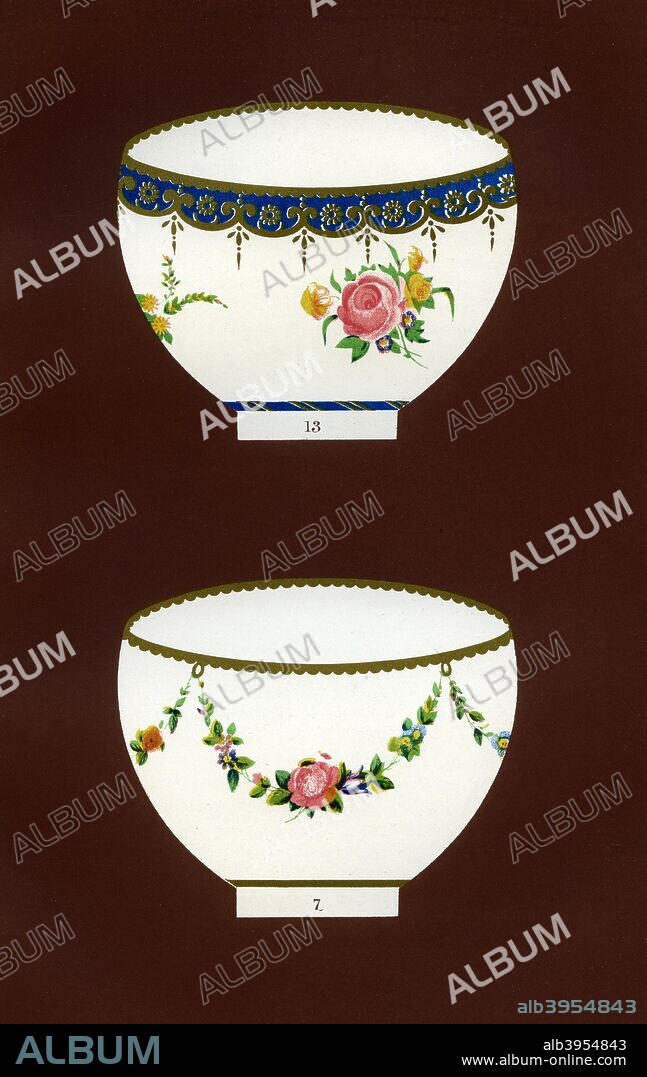 Derby patterns, 1876. Royal Crown Derby china designs. A print from The Old Derby China Factory: The Workmen and their Productions, by John Haslem, George Bell and Sons, London, 1876.