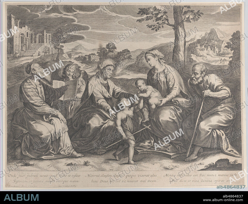 PIETER DE JODE II. The Holy Family at right, with the infant Saint John the Baptist, Elizabeth, Zacharias, and an angel at left, 1631-37.
