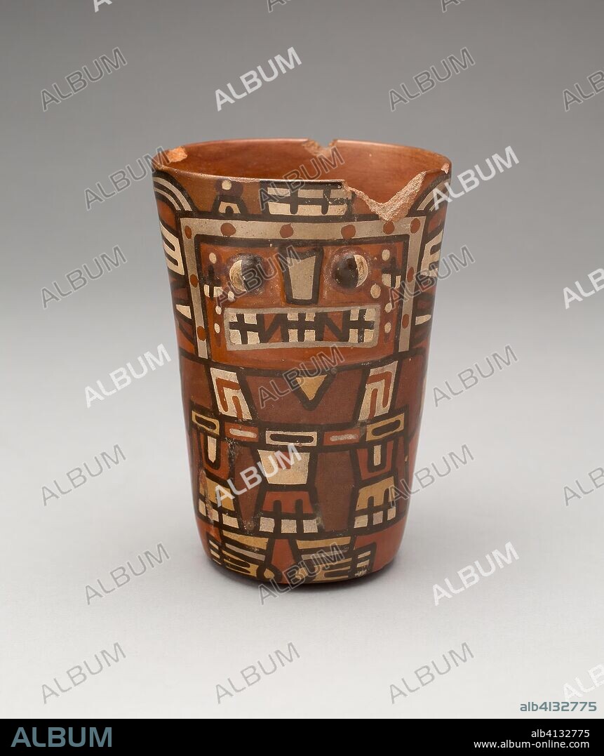 Drinking Cup (Kero) with an Abstracted Masked Figure. Tiwanaku-Wari; Bolivia or Peru. Date: 600 AD-1000. Dimensions: 11.1 × 7.8 cm (4 3/8 × 3 1/16 in.). Ceramic and pigment. Origin: Peru, southern.