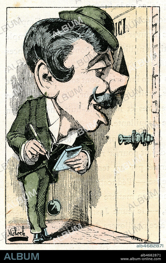 'Reporter'. peut illustrer l'expression " Mettre son nez partout " Caricature par MOLOCH (1849-1909) tiree du Trombinoscope par TOUCHATOUT, 1882, fin 19eme s. Credit : Collection KHARBINE-TAPABOR.