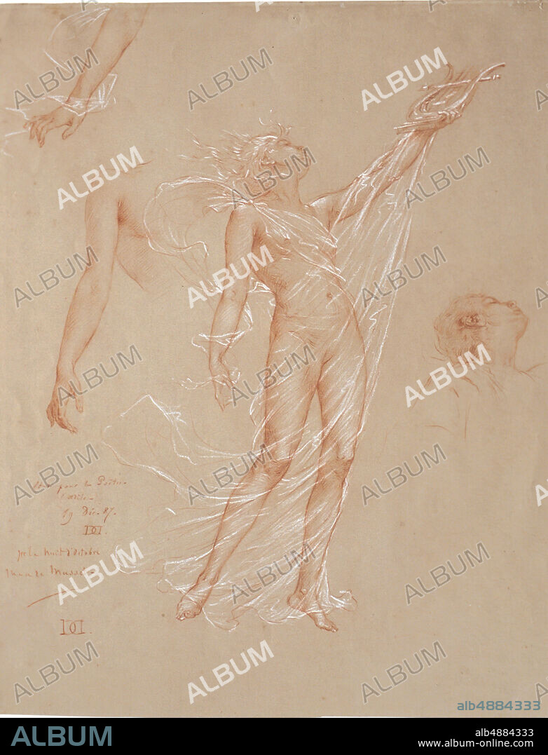 Guillaume Dubufe, French, 18531909, Sheet of Studies of a Nude Woman Holding a Lyre and Enveloped in a Transparent Veil, 1887, Red and white chalk on buff paper, Overall: 21 7/8 x 17 3/8 in. (55.6 x 44.2 cm).
