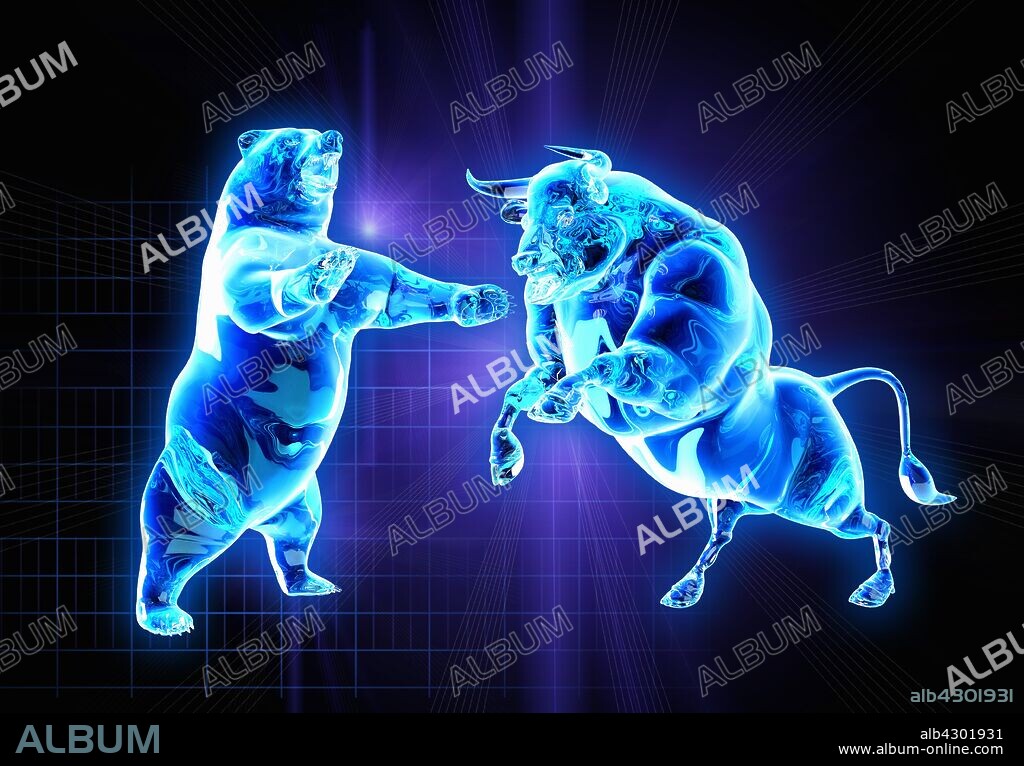 Glowing fighting bull and bear stock market symbols.