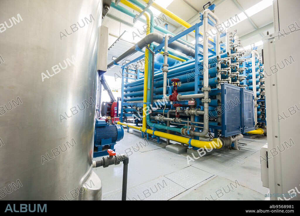 Osmosis racks, Son Tugores desalination plant, drinking water treatment plant, Palma, Mallorca, Balearic Islands, Spain, Europe.