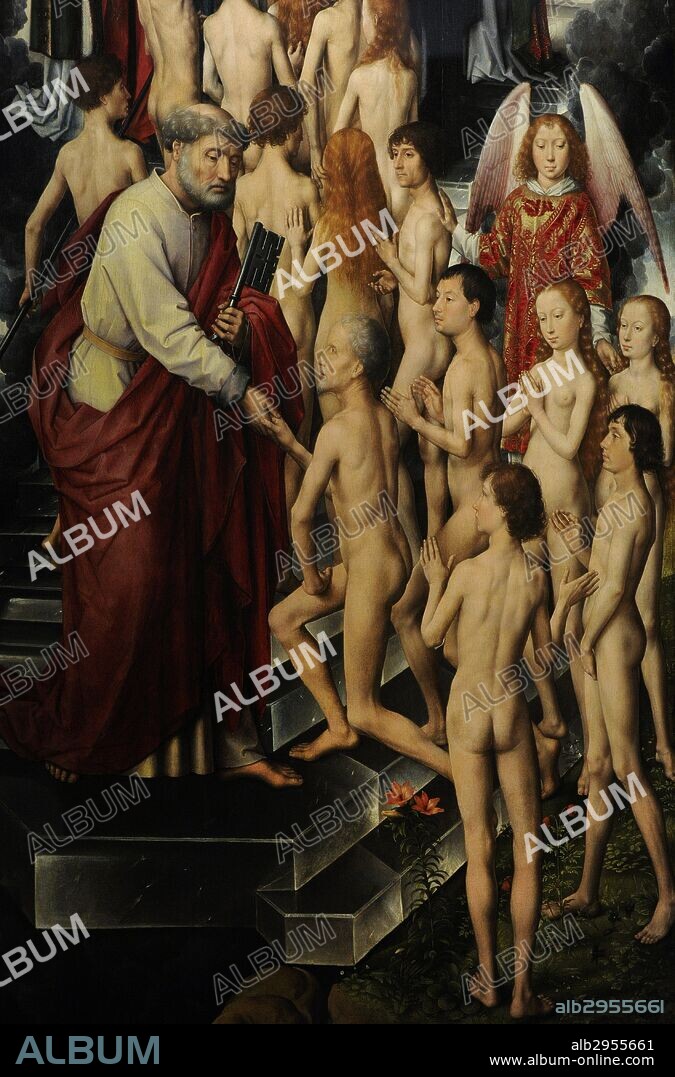 Hans Memling (1430-1494). German painter. The Last Judgment, 1467-1471. Triptych. Left panel. The saved are being guided into heaven by St. Peter and angels. National Museum. Gdansk. Poland.