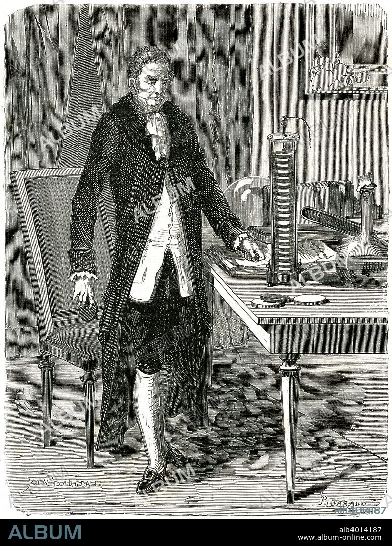 Alessandro Volta, Italian physicist, demonstrating his electric pile (battery), c1800 (c1870). Volta's (1745-1827) voltaic pile, an early form of battery, was the first source of current electricity. It consisted of two different metals, separated by chemicals in order to enable a flow of electricity. In 1775, he invented the electrophorus, a precursor of the induction machine, and in 1777 he invented an 'inflammable air' electric pistol. The unit of electromotive force 'volt' is named after him. From Les Merveilles de la Science by Louis Figuier. (Paris, c1870).