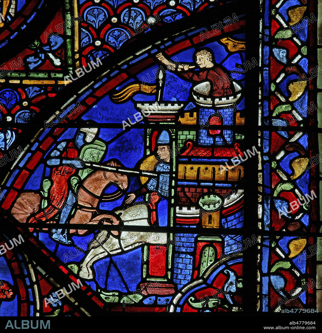 Histoire de Charlemagne : le siege de Pampelune (778). Vitrail de la cathedrale de Chartres datant du 13e, XIIIe s. Photographie par Painton Cowen. Credit : Collection COWEN/KHARBINE-TAPABOR.