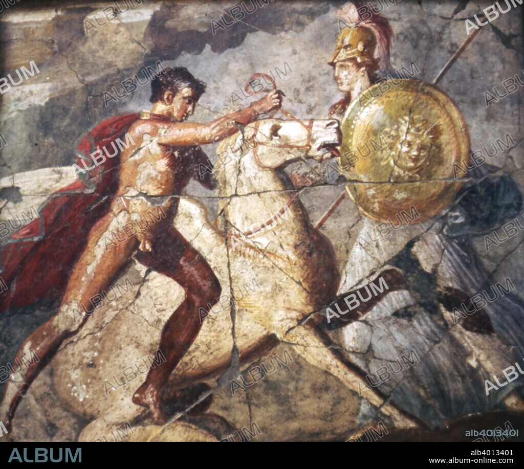 Bellerophon and Pegasus, Roman Wallpainting from Pompeii, 1st century.  Bellerophon was a great hero and slayer of monsters, alongside Cadmus and Perseus, before the days of Heracles, his greatest feat was killing the Chimera. Pegasus, a white stallion is one of the best known creatures in Greek mythology.
