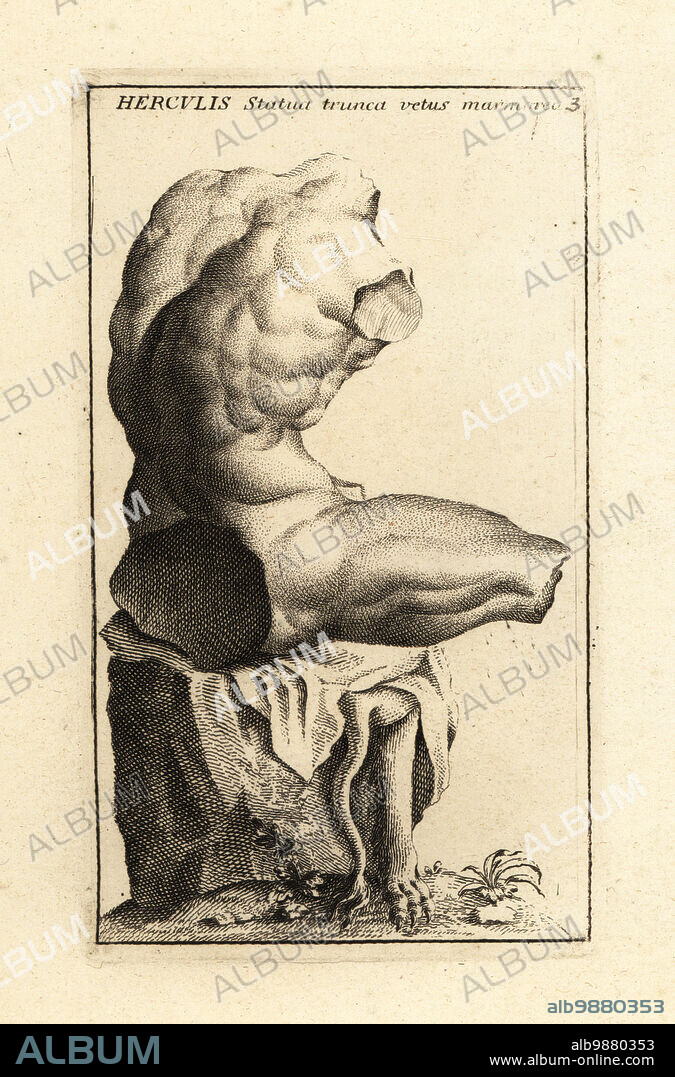 The Belvedere Torso, Museo Pio-Clementino, Vatican. Perhaps Heracles seated on the Nemean lionskin, or Ajax, the son of Telamon, contemplating suicide. Hercules statua trunca vetus marmorea. Copperplate engraving by Giovanni Battista Cannetti from Copperplates of the most beautiful ancient statues of Rome, Calcografia di piu belle statue antiche a Roma, engraved by Cannetti all'Arco della Ciambella, published by Gaetano Quojani, Rome, 1779.