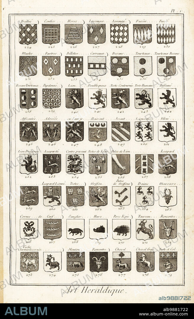 Examples of heraldic terms describing a coat of arms. Includes herse, losanges, billettes, carreaux, lion, leopard, testes, griffon, sanglier, hure, cerf, mouton, rustres, etc. Copperplate engraving by Robert Benard from Blason ou Art Heraldique, the heraldry section from Denis Diderot and Jean-Baptiste le Rond dAlemberts Encyclopedie, published by Brisson, David, Le Breton and Durand, Paris, 1763.