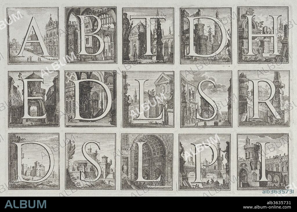 Roman alphabet against architectural backgrounds, from G. P. Zanotti's Il Claustro di San Michele in Bosco di Bologna. Artist: Pio Panfili (Italian, Fermo 1723-1812 Bologna). Dimensions: Sheet: 9 11/16 × 13 7/16 in. (24.6 × 34.2 cm). Date: 1776.