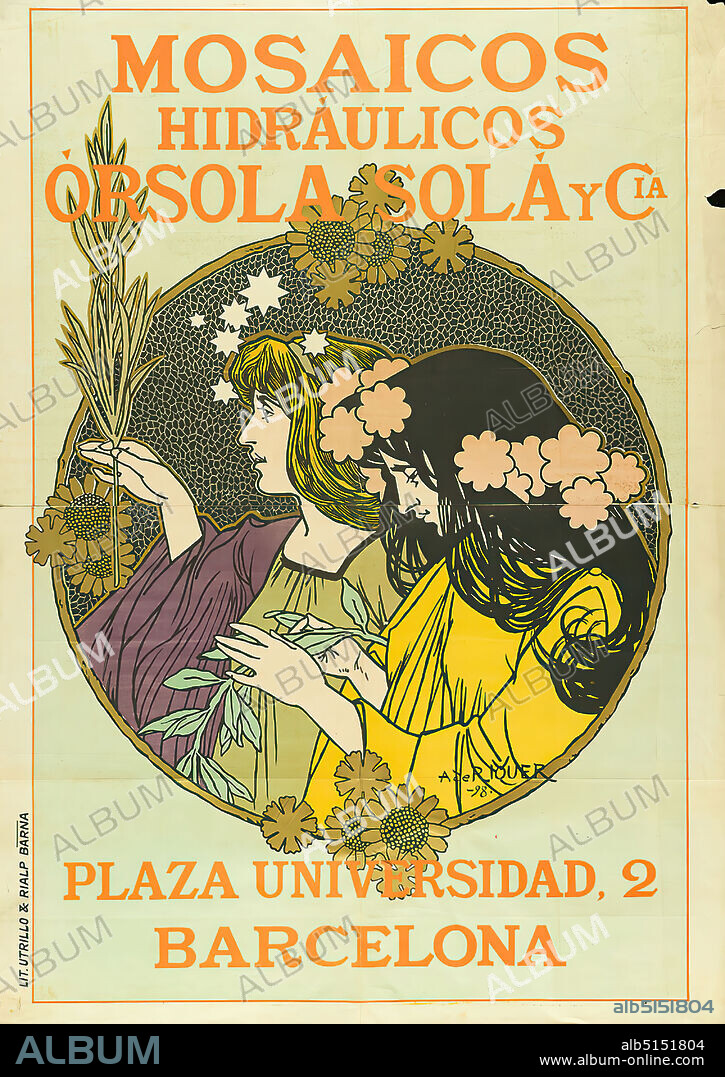 Utrillo & Rialp S.C, Alexandre de Riquer, Mosaicos Hidráulicos Órsola, Solá y Cia, paper, lithography, total: height: 125 cm; width: 89 cm, signed and dated: in print u. r.: A de RIQUER -98th, exhibition posters, artist posters, woman, flower ornaments, plant ornaments, sunflower, woman, art nouveau.